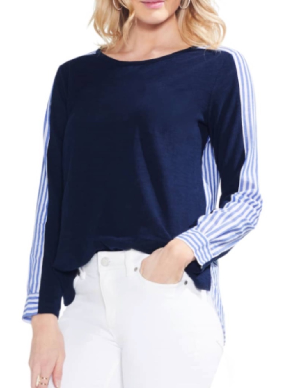 Vince Camuto Navy Blue Mixed Media Striped Hem Long Sleeve Top Size L